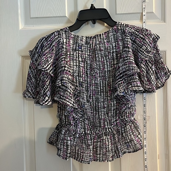 NWT-express-XS-purple/black abstract print-Ruffle sleeves, pet plum top/blouse - Picture 4 of 12